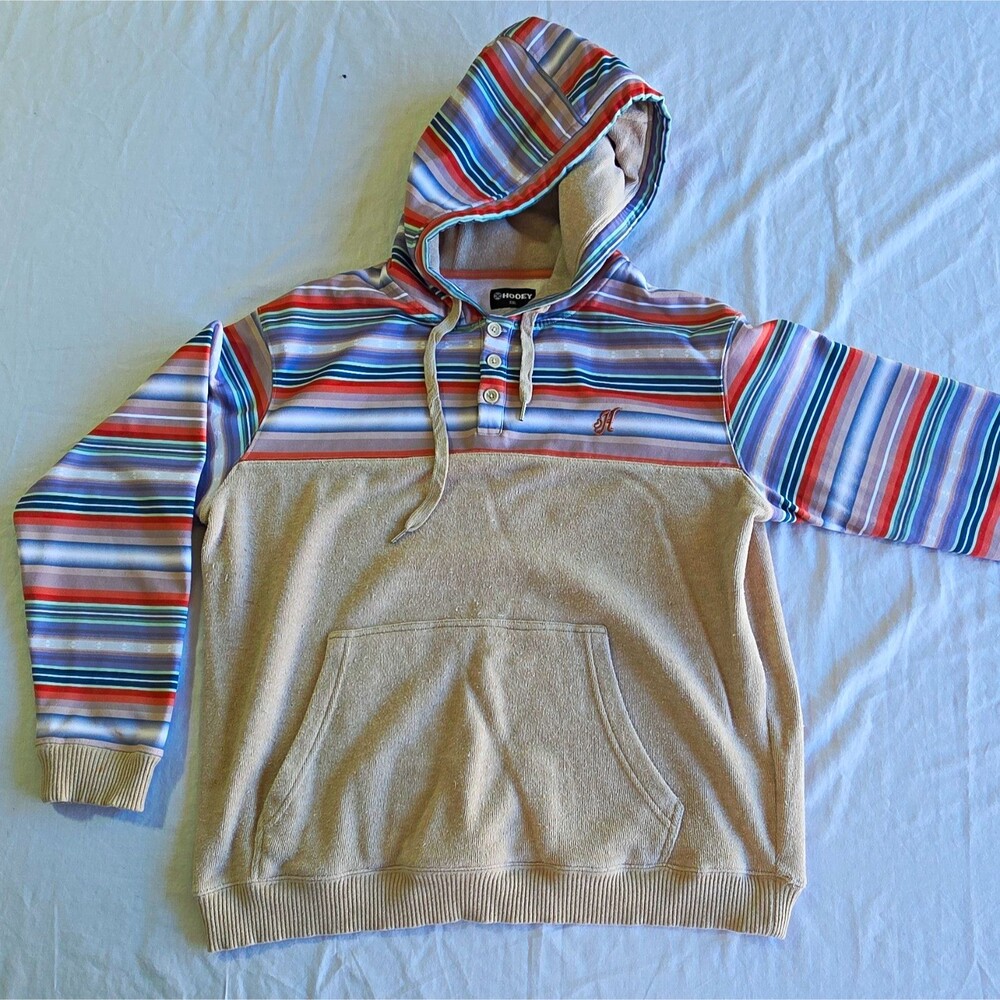 Hooey Men’s 2XL Striped Henley Pullover Hoodie Fleece Beige Kangaroo Pocket